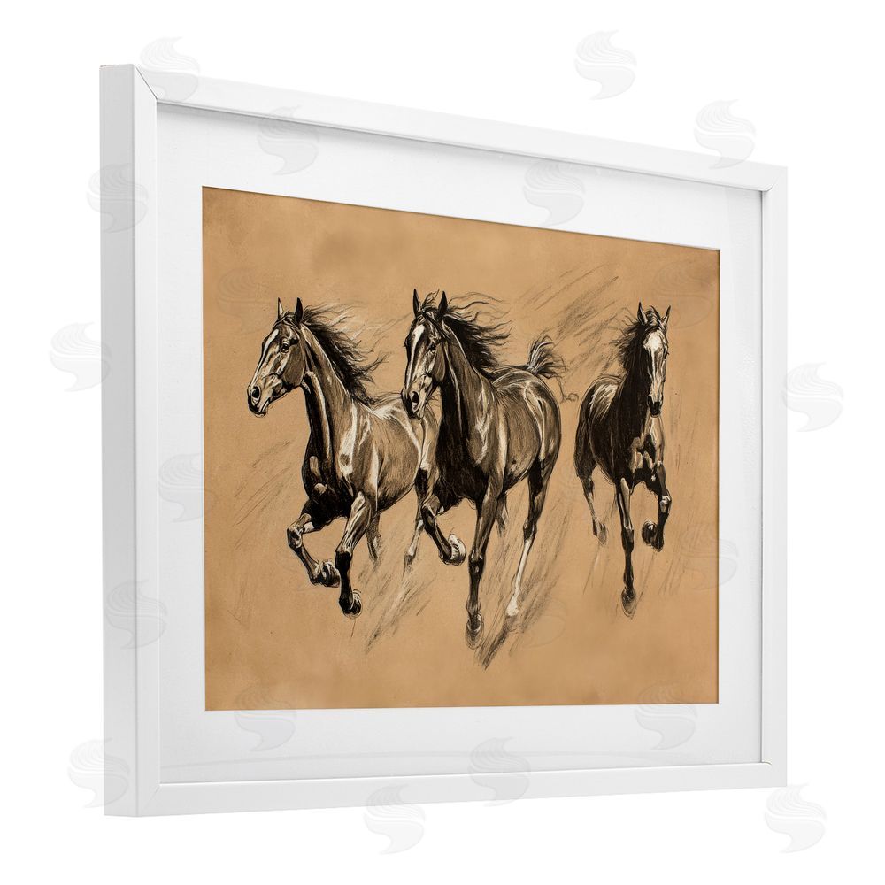 Petal Prints Design Running Free Horse Trio White Framed Print Under Glass with Mat Wall Art