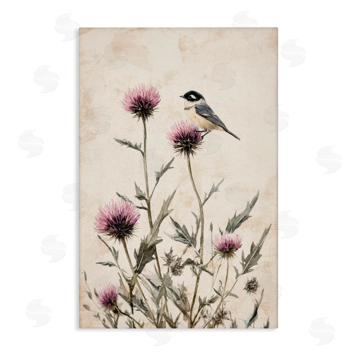 Petal Prints Design Purple Cornflowers and Chickadee Canvas Wall Art Print