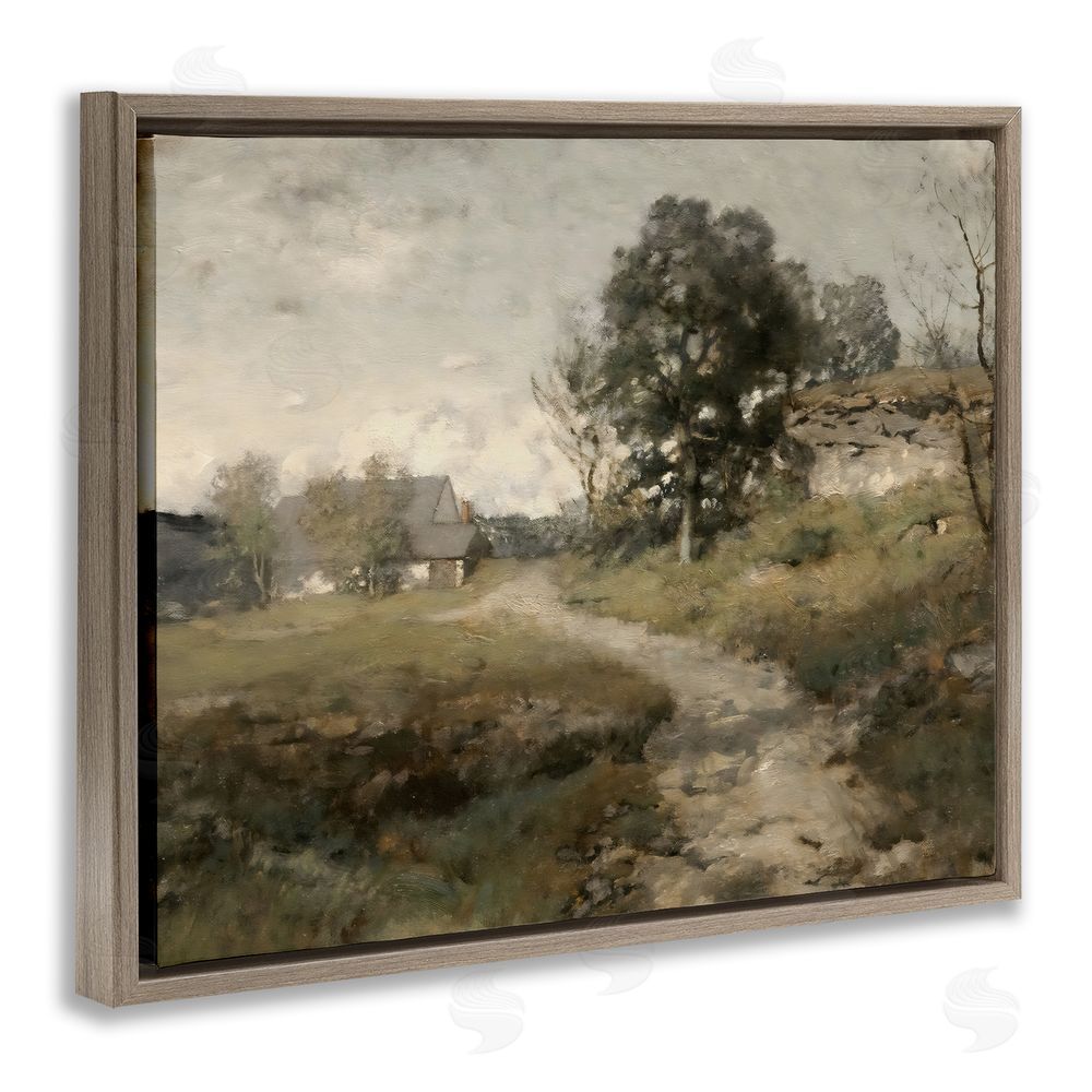 Riley B Vintage Farmhouse Scenic Landscape Brown Floating Frame Canvas Wall Art Print