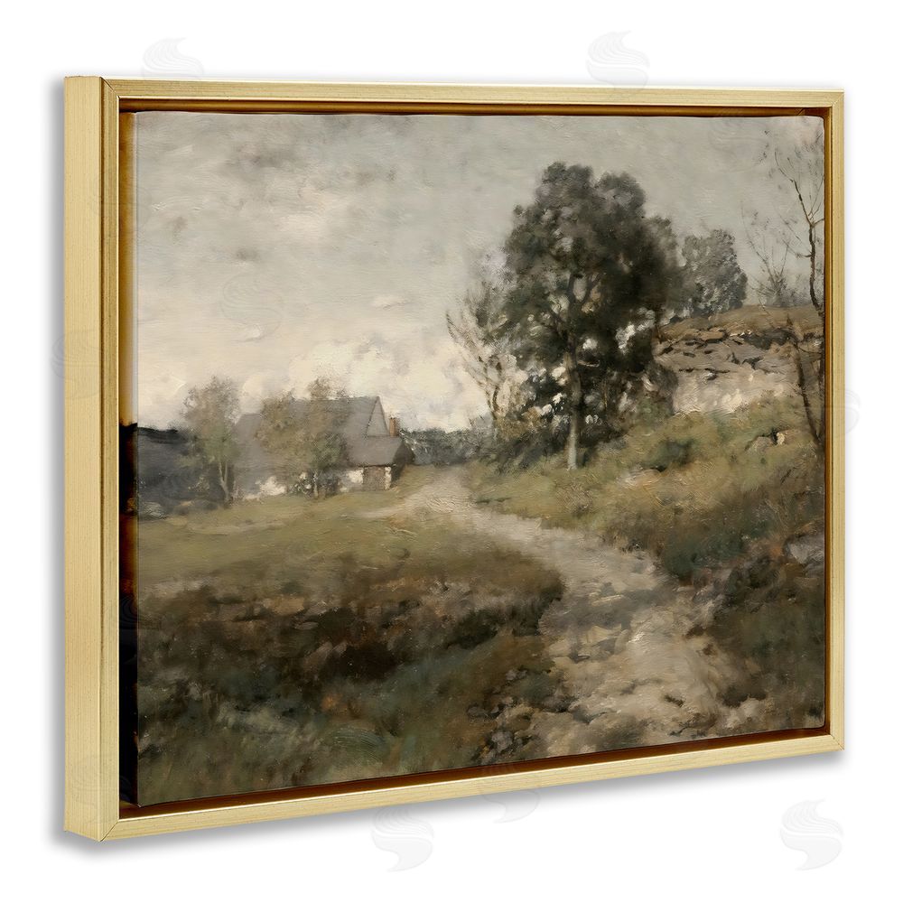 Riley B Vintage Farmhouse Scenic Landscape Gold Floating Frame Canvas Wall Art Print