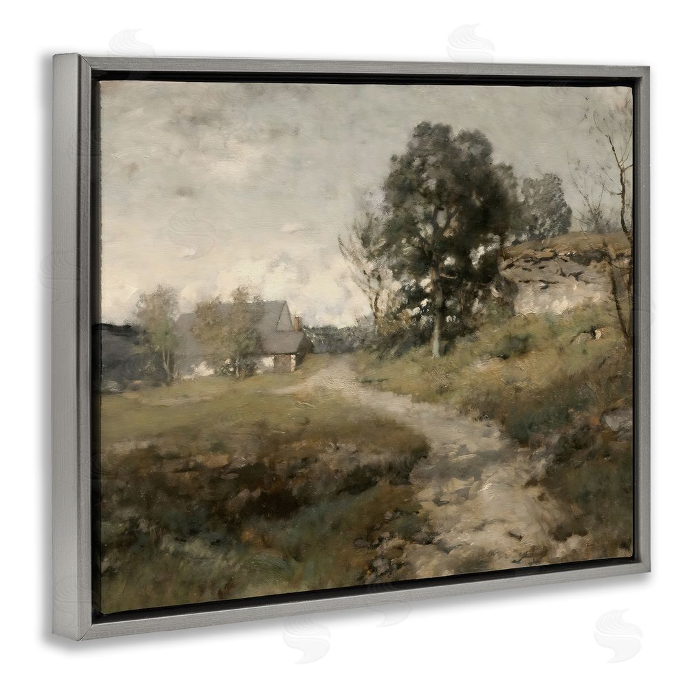 Riley B Vintage Farmhouse Scenic Landscape Gray Floating Frame Canvas Wall Art Print