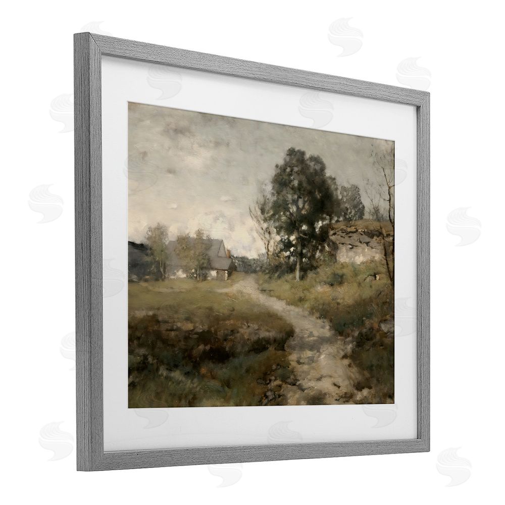 Riley B Vintage Farmhouse Scenic Landscape Gray Framed Print Under Glass with White Mat Wall Art