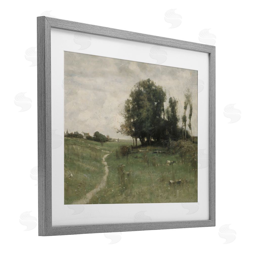 Riley B Vintage Farmhouse Countryside Path Gray Framed Print Under Glass with White Mat Wall Art