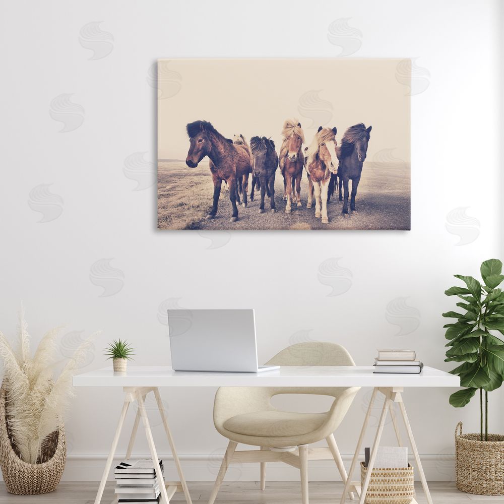 Sisi and Seb Muted Brown Horse Group Canvas Art on Wall