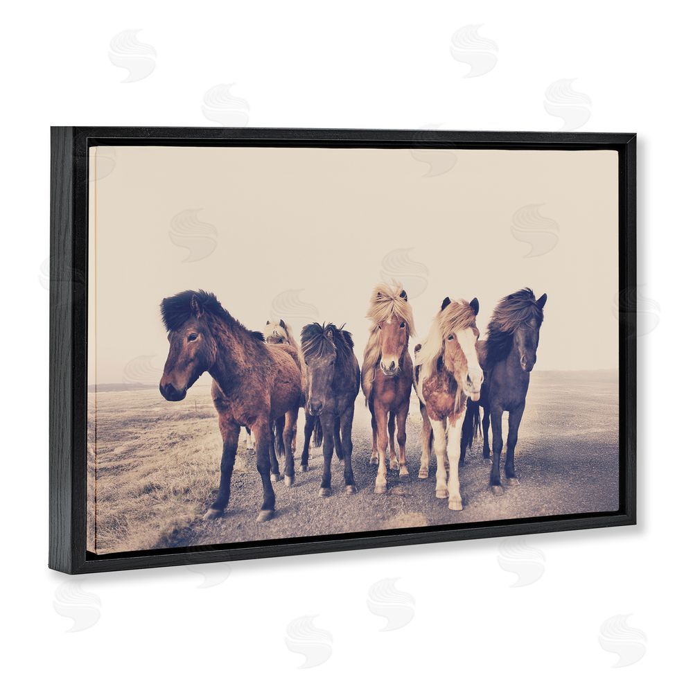 Sisi and Seb Muted Brown Horse Group Black Floating Frame Canvas Wall Art Print