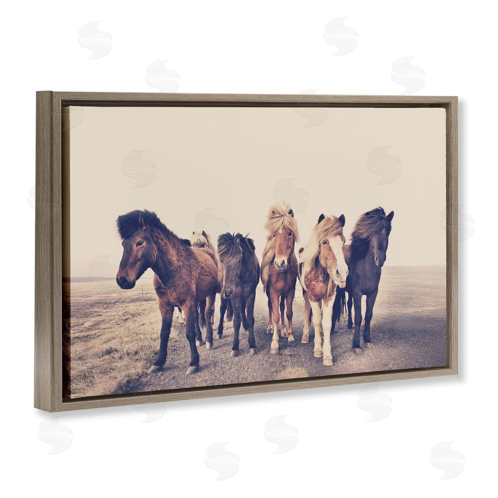Sisi and Seb Muted Brown Horse Group Brown Floating Frame Canvas Wall Art Print