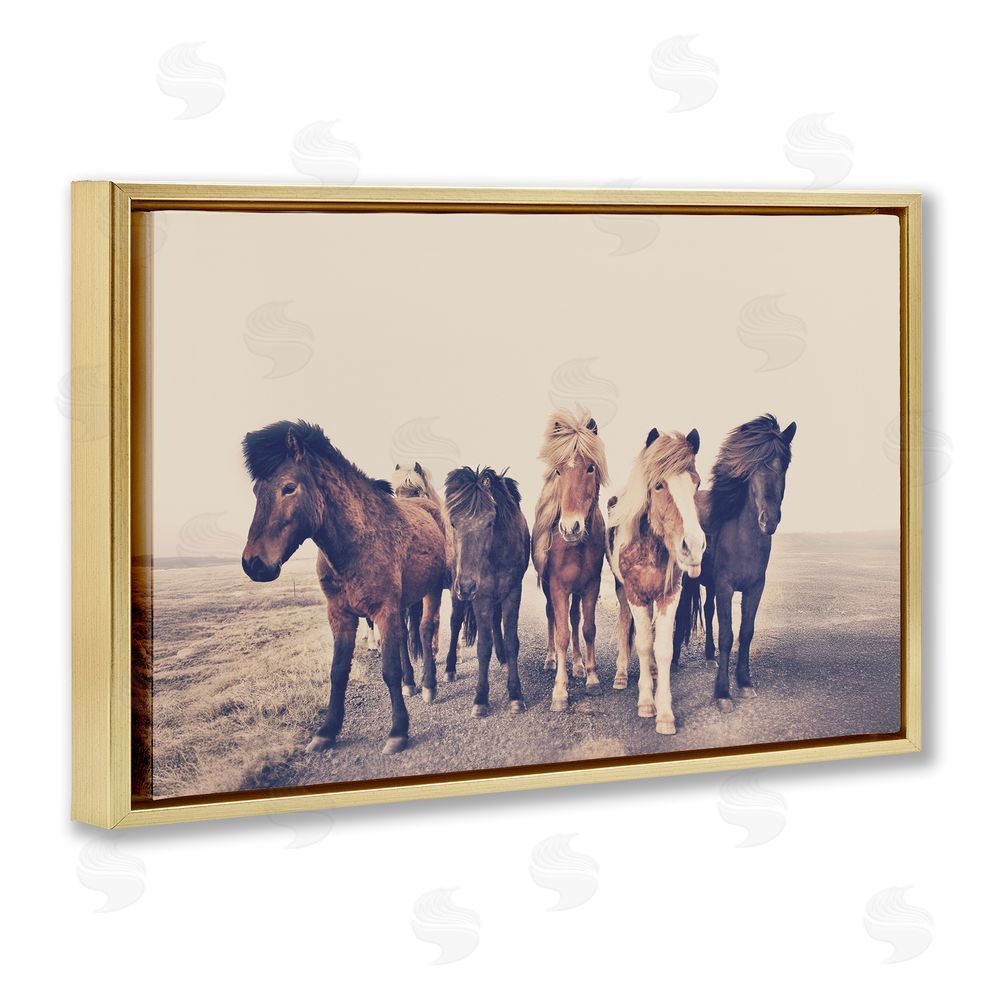 Sisi and Seb Muted Brown Horse Group Gold Floating Frame Canvas Wall Art Print