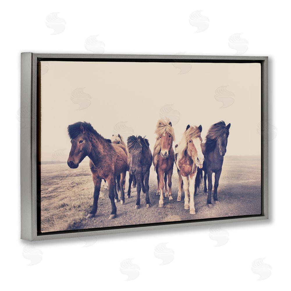 Sisi and Seb Muted Brown Horse Group Gray Floating Frame Canvas Wall Art Print