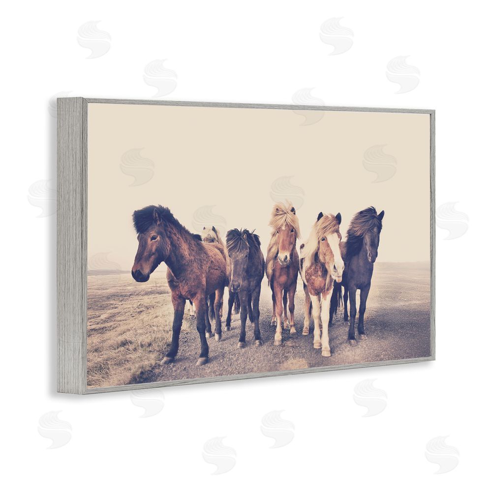 Sisi and Seb Muted Brown Horse Group Gray Framed Giclee Wall Art Print