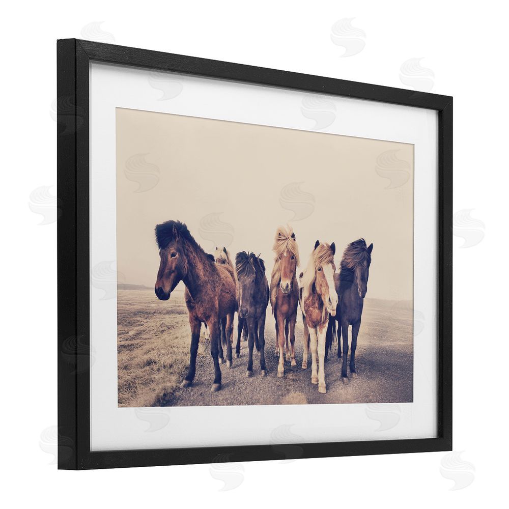 Sisi and Seb Muted Brown Horse Group Black Framed Print Under Glass with White Mat Wall Art