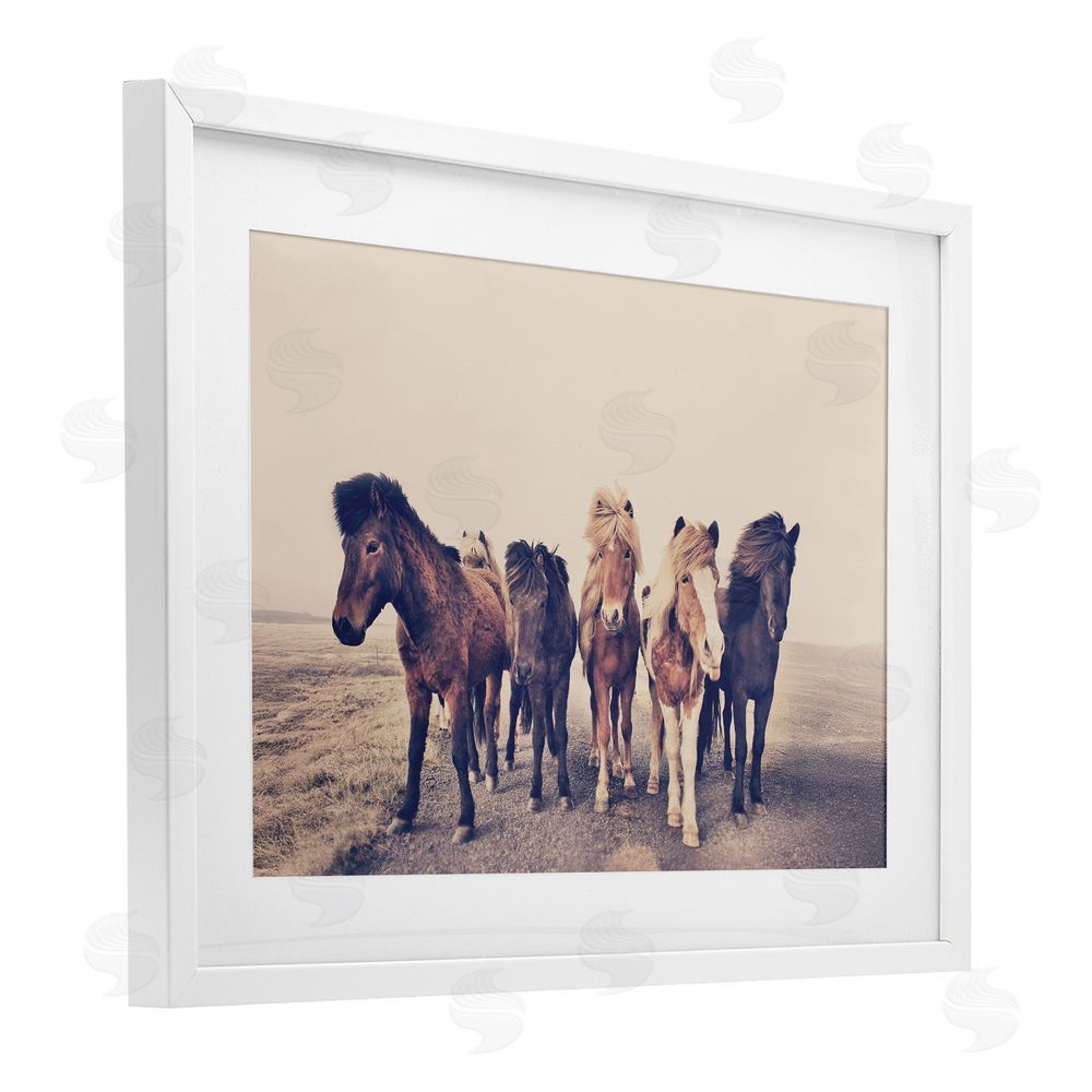 Sisi and Seb Muted Brown Horse Group White Framed Print Under Glass with Mat Wall Art