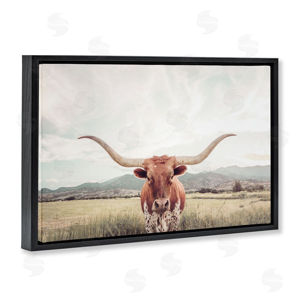 Sisi and Seb Longhorn Portrait Open Meadow Black Floating Frame Canvas Wall Art Print