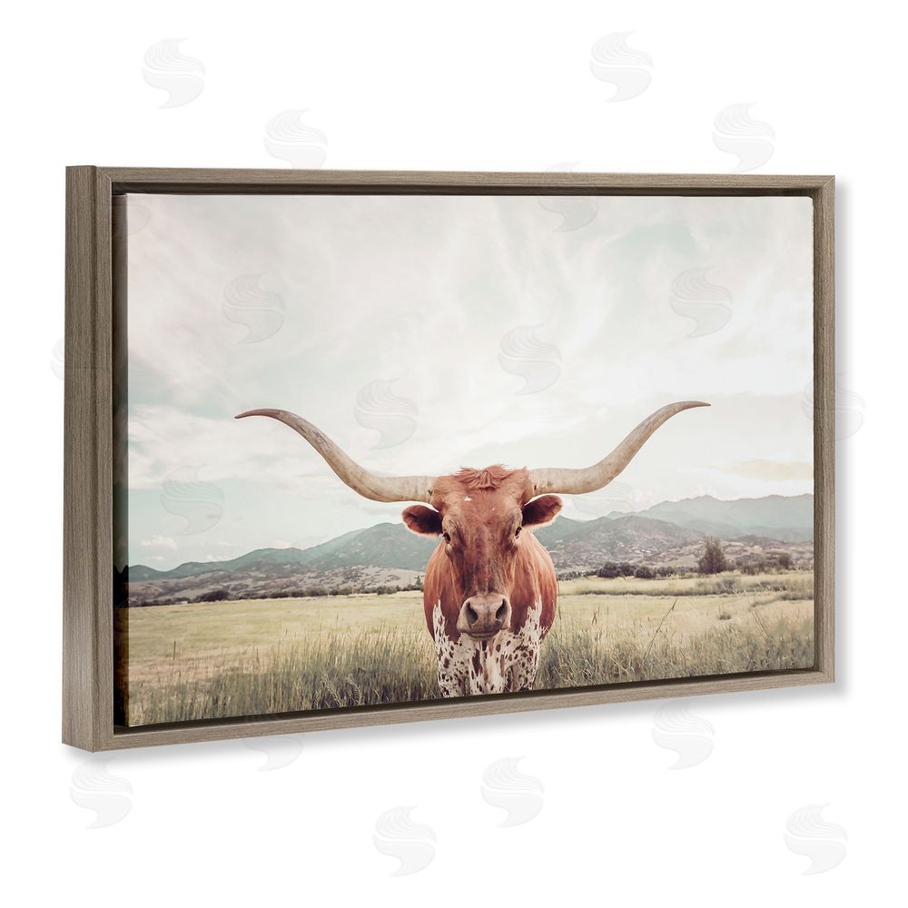Sisi and Seb Longhorn Portrait Open Meadow Brown Floating Frame Canvas Wall Art Print