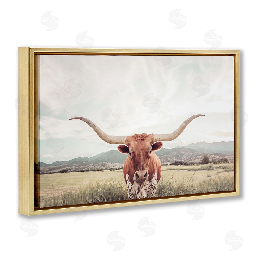 Sisi and Seb Longhorn Portrait Open Meadow Gold Floating Frame Canvas Wall Art Print