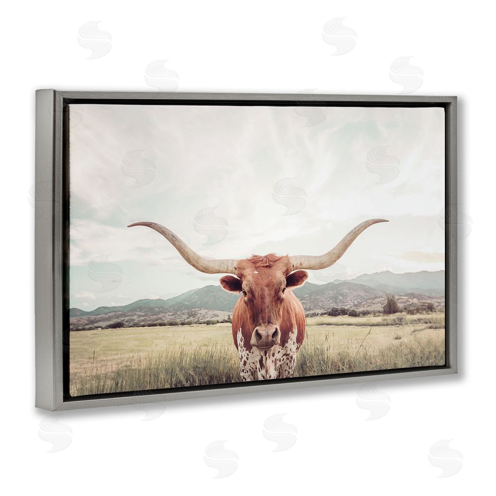 Sisi and Seb Longhorn Portrait Open Meadow Gray Floating Frame Canvas Wall Art Print