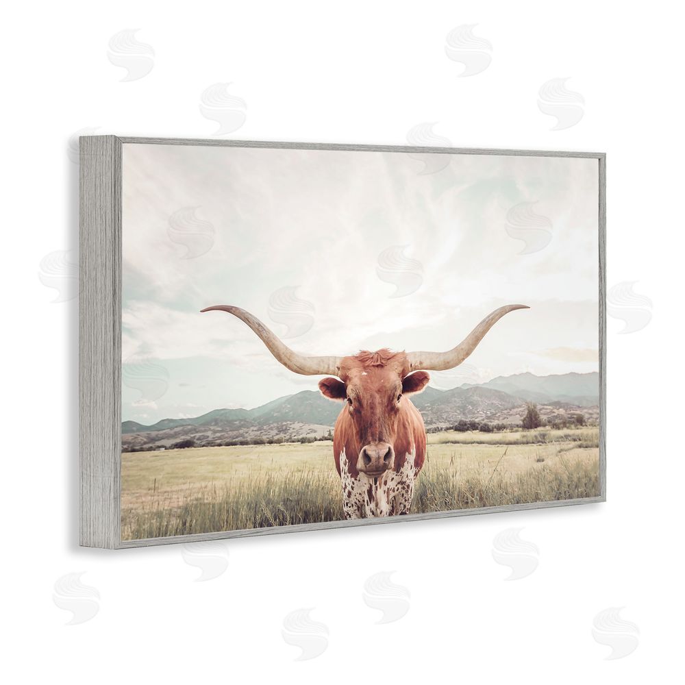 Sisi and Seb Longhorn Portrait Open Meadow Gray Framed Giclee Wall Art Print