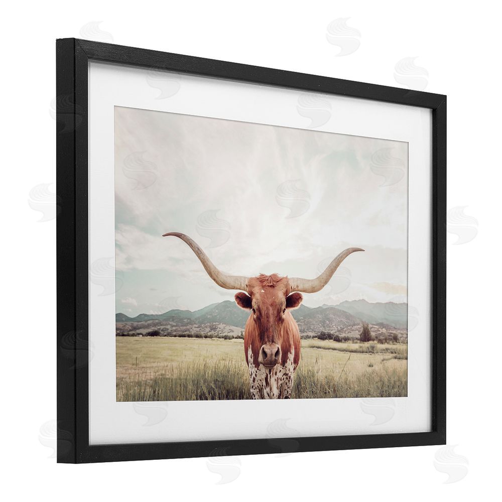 Sisi and Seb Longhorn Portrait Open Meadow Black Framed Print Under Glass with White Mat Wall Art