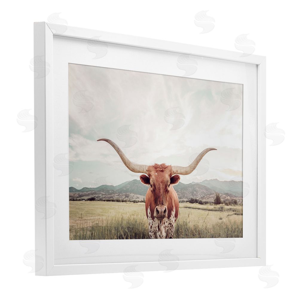 Sisi and Seb Longhorn Portrait Open Meadow White Framed Print Under Glass with Mat Wall Art