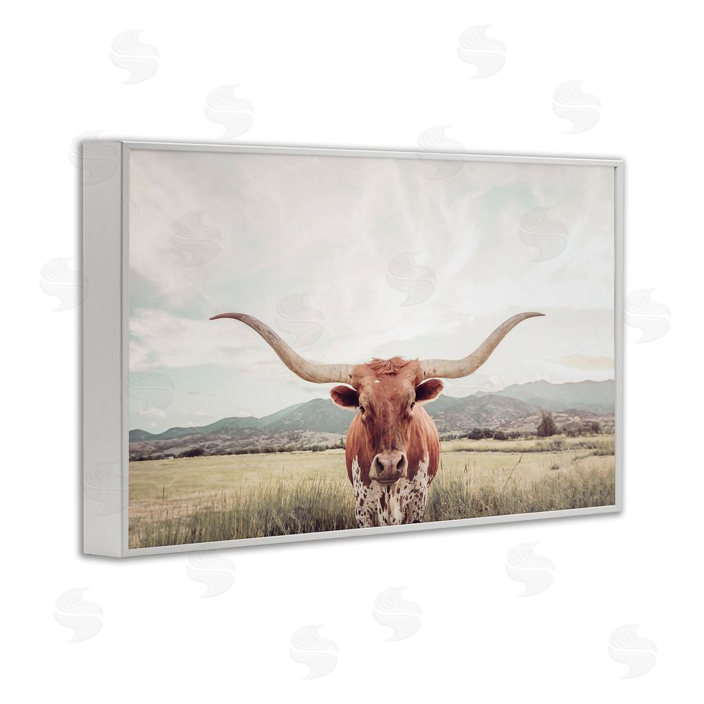 Sisi and Seb Longhorn Portrait Open Meadow White Framed Giclee Wall Art Print