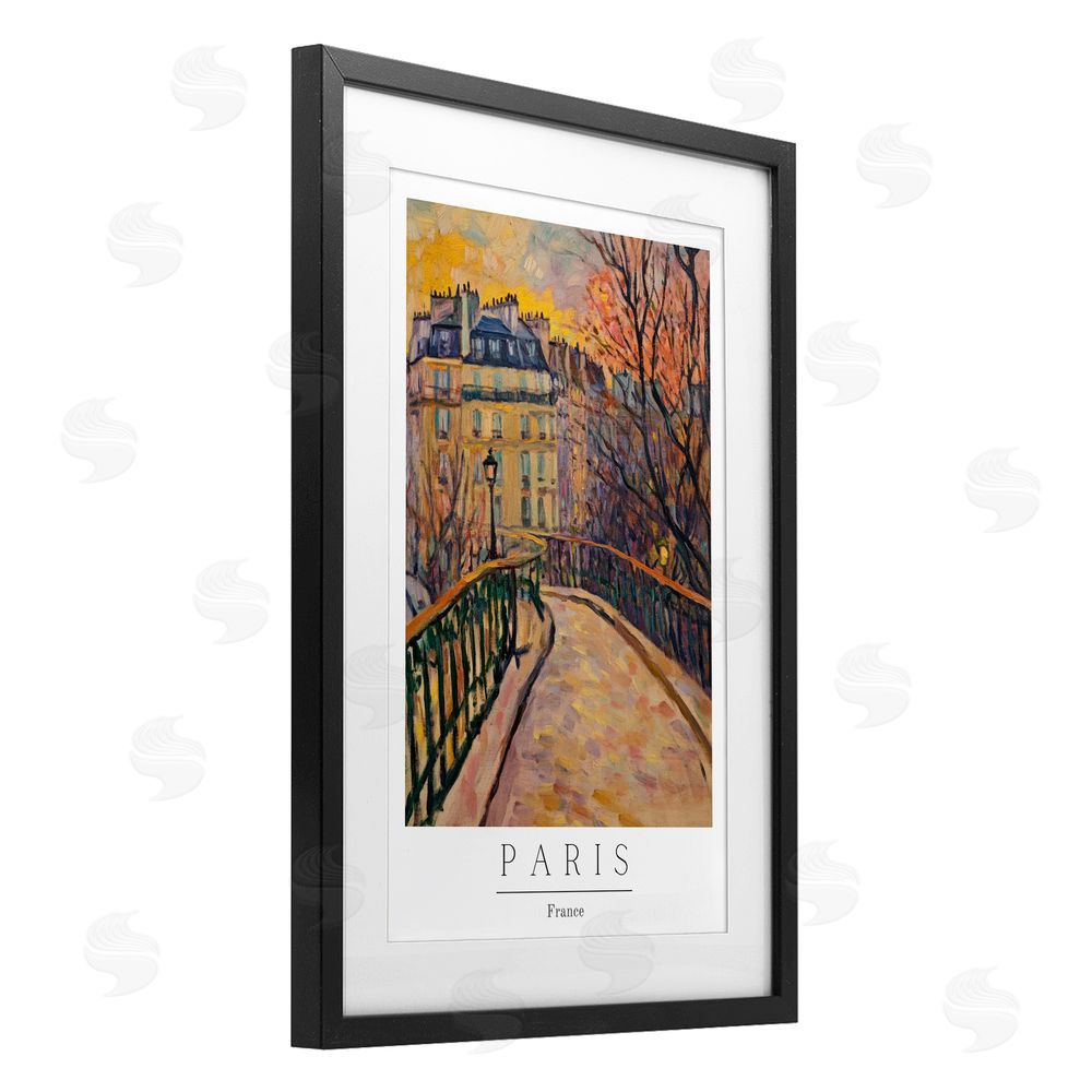 Petal Prints Design Paris Street Scene in Autumn Black Framed Print Under Glass with White Mat Wall Art