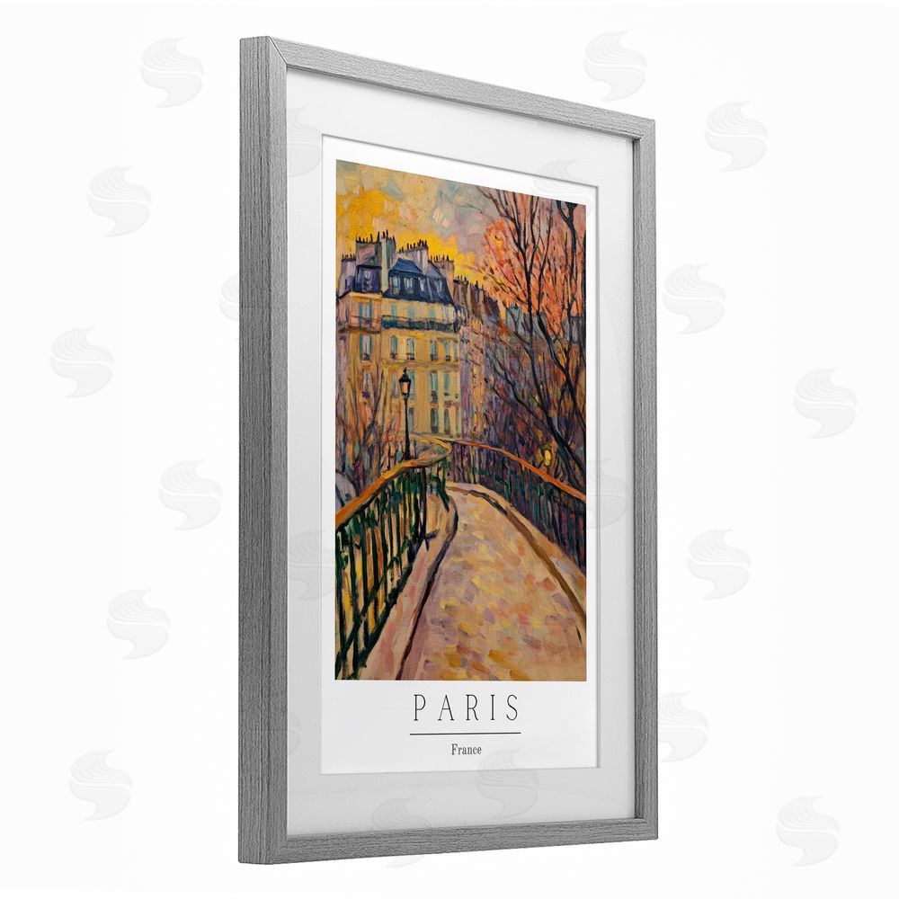Petal Prints Design Paris Street Scene in Autumn Gray Framed Print Under Glass with White Mat Wall Art