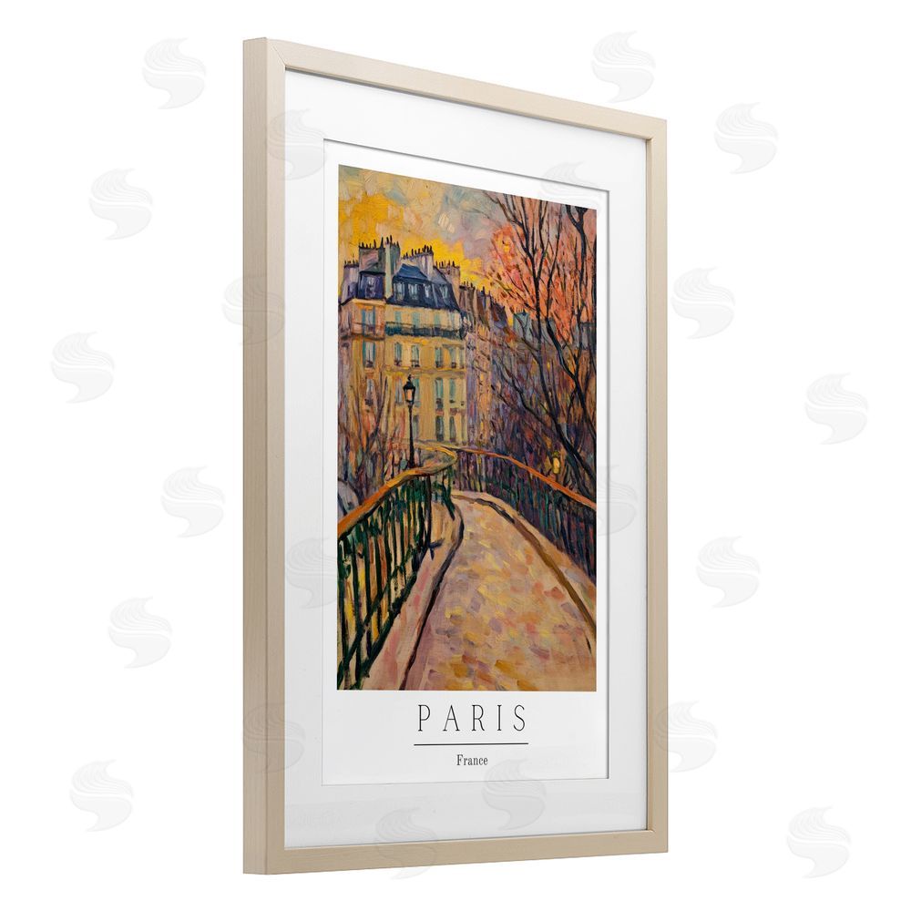 Petal Prints Design Paris Street Scene in Autumn Birch Framed Print Under Glass with White Mat Wall Art