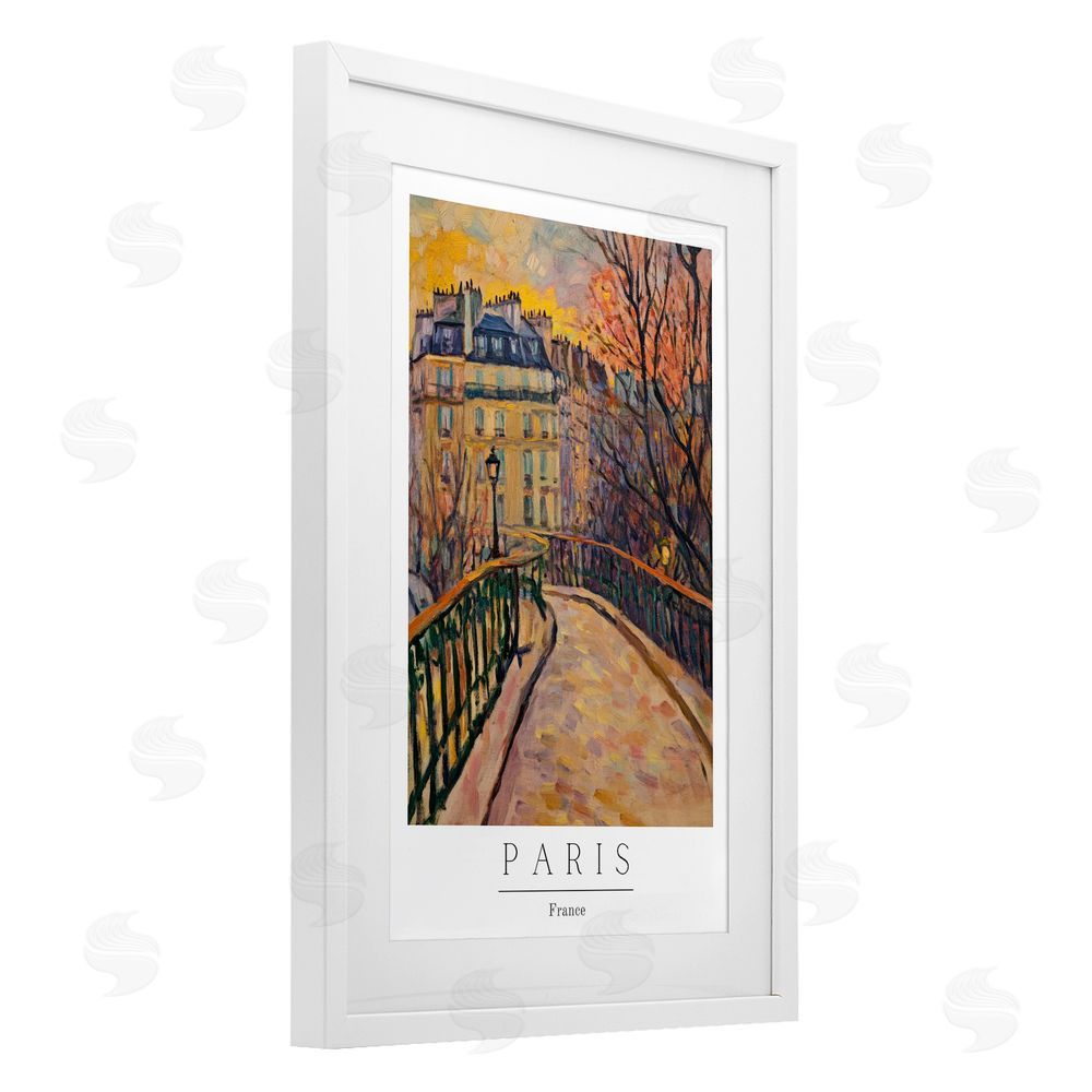 Petal Prints Design Paris Street Scene in Autumn White Framed Print Under Glass with Mat Wall Art