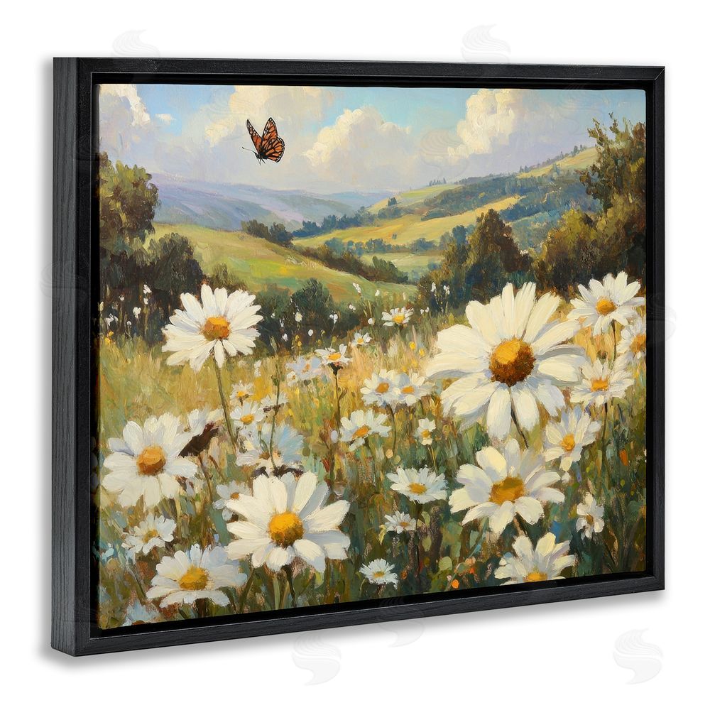 Petal Prints Design Summer Butterfly Daisy Field Black Floating Frame Canvas Wall Art Print