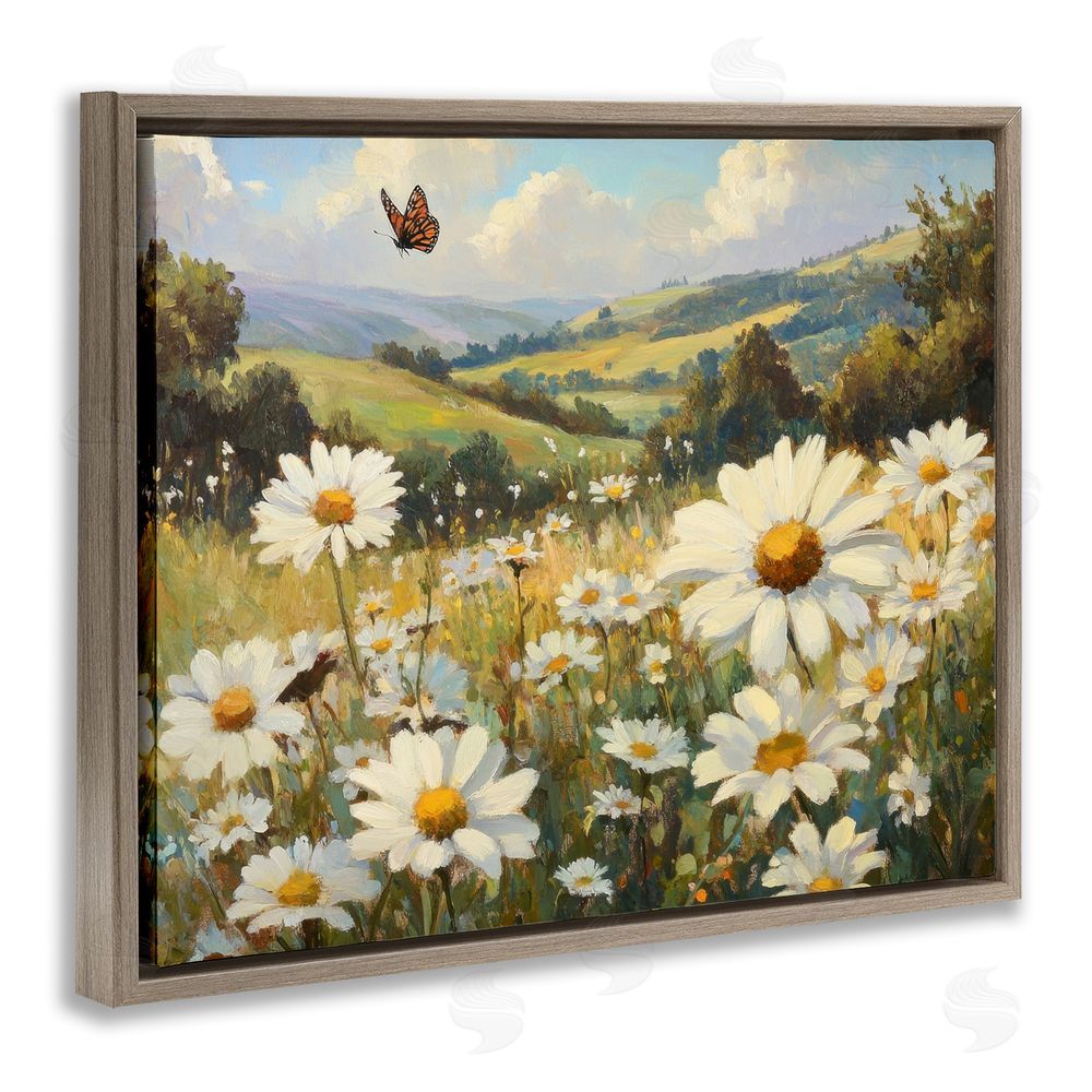 Petal Prints Design Summer Butterfly Daisy Field Brown Floating Frame Canvas Wall Art Print