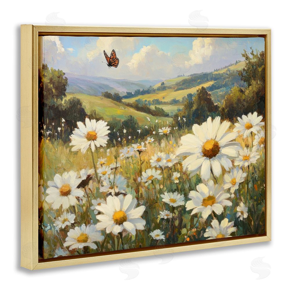 Petal Prints Design Summer Butterfly Daisy Field Gold Floating Frame Canvas Wall Art Print