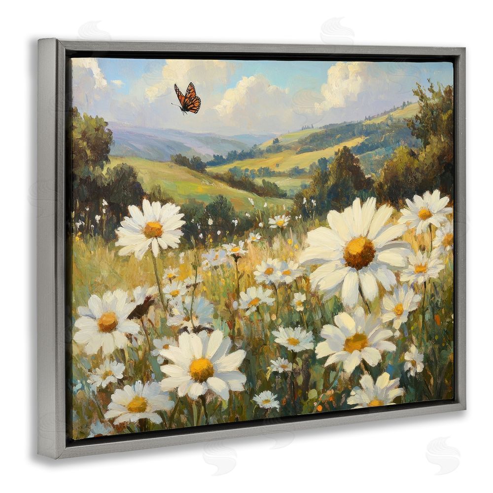Petal Prints Design Summer Butterfly Daisy Field Gray Floating Frame Canvas Wall Art Print