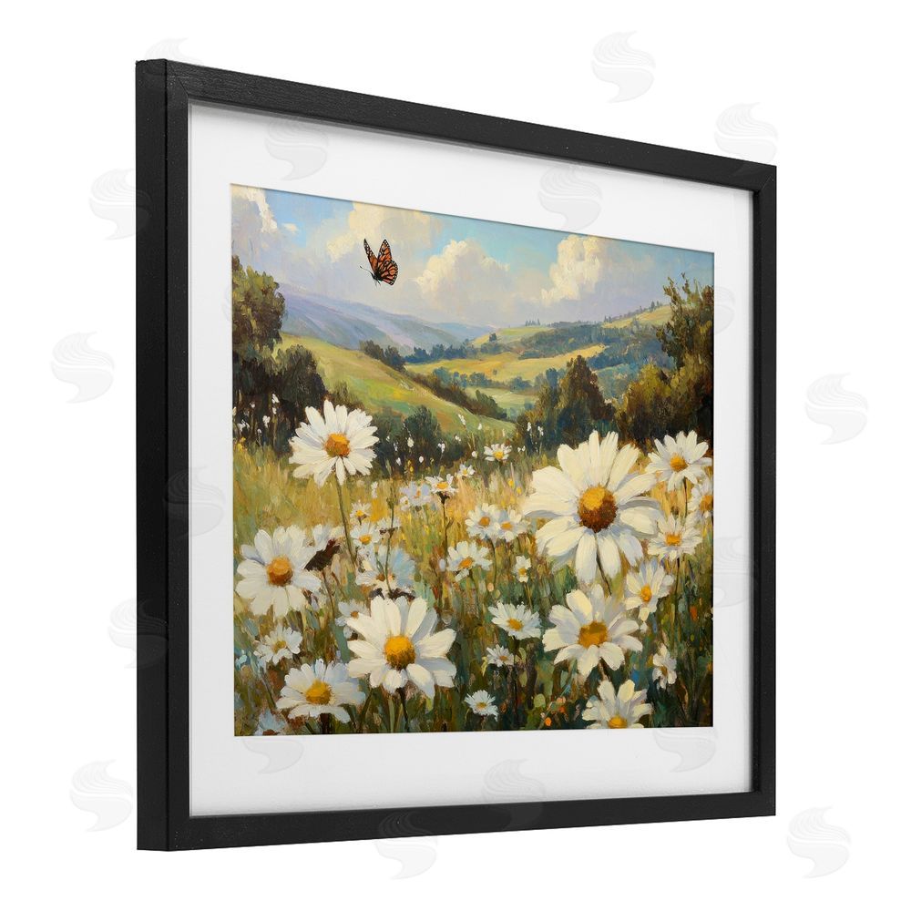 Petal Prints Design Summer Butterfly Daisy Field Black Framed Print Under Glass with White Mat Wall Art