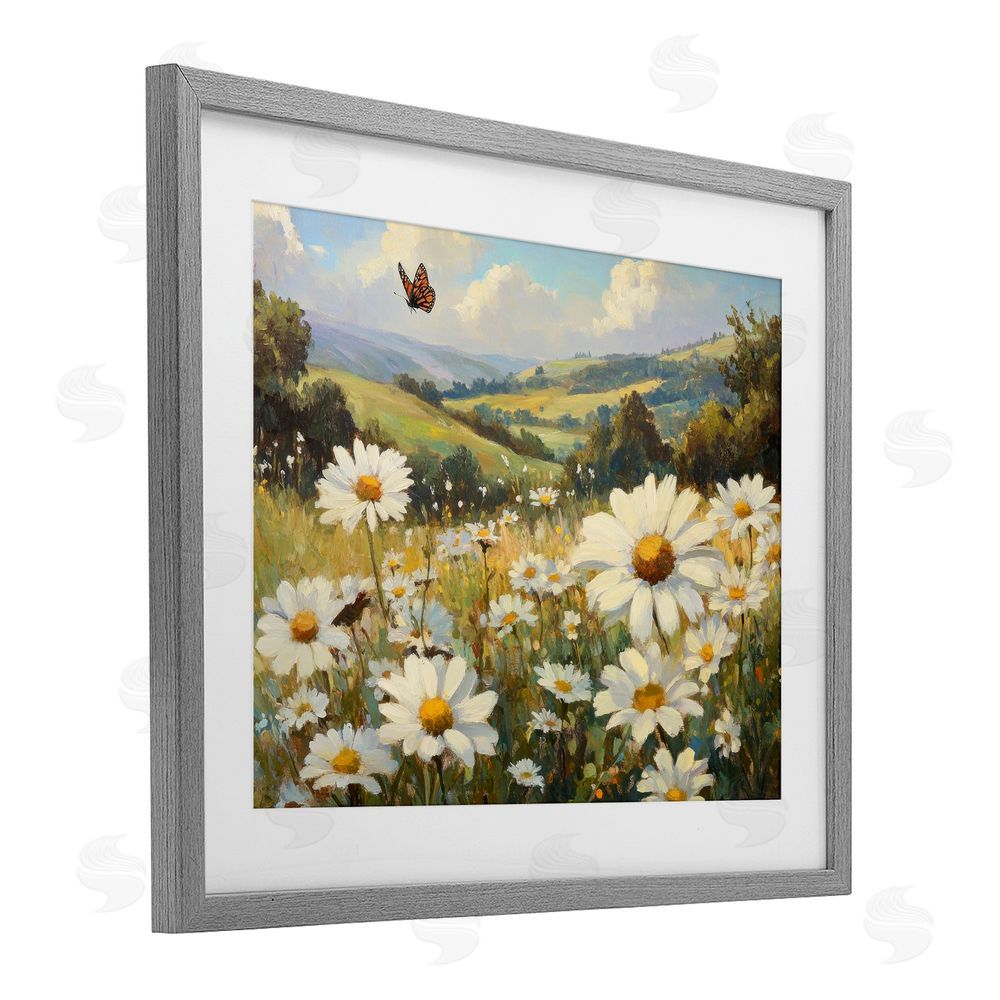 Petal Prints Design Summer Butterfly Daisy Field Gray Framed Print Under Glass with White Mat Wall Art