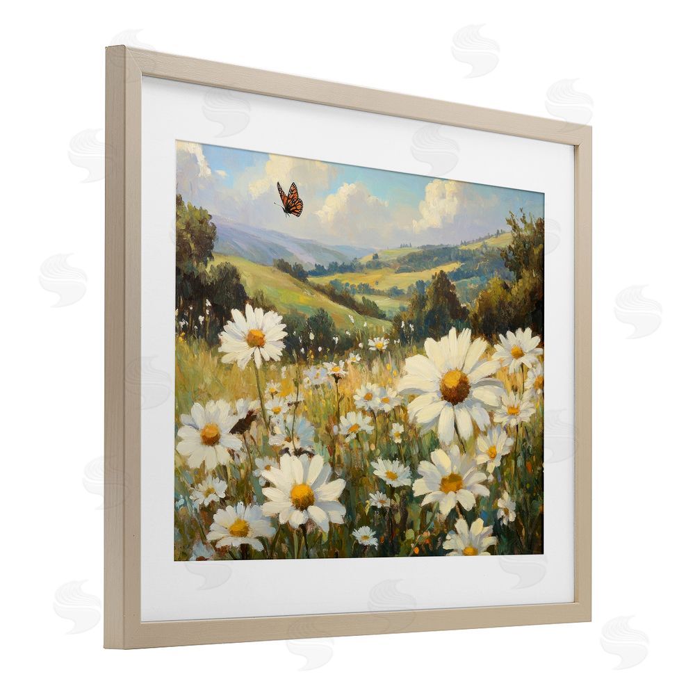 Petal Prints Design Summer Butterfly Daisy Field Birch Framed Print Under Glass with White Mat Wall Art