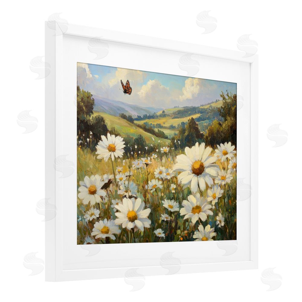 Petal Prints Design Summer Butterfly Daisy Field White Framed Print Under Glass with Mat Wall Art