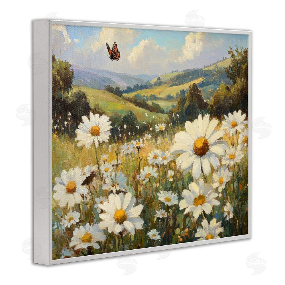 Petal Prints Design Summer Butterfly Daisy Field White Framed Giclee Wall Art Print
