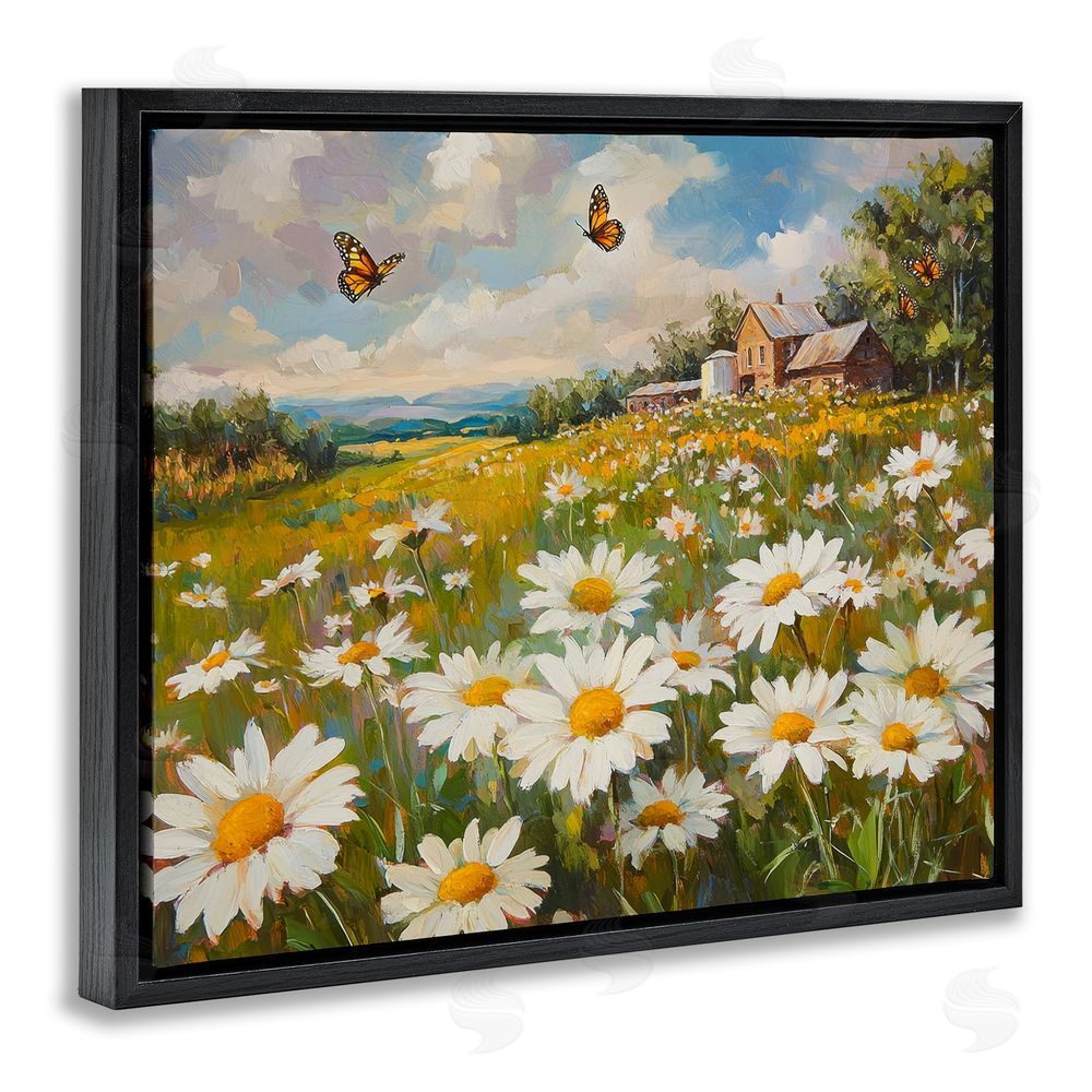 Petal Prints Design Butterfly Dream Daisy Field Black Floating Frame Canvas Wall Art Print
