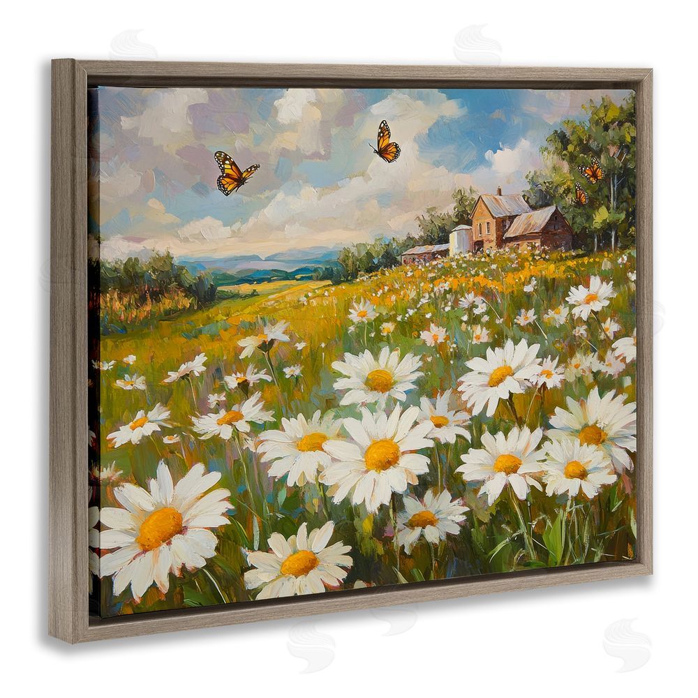 Petal Prints Design Butterfly Dream Daisy Field Brown Floating Frame Canvas Wall Art Print