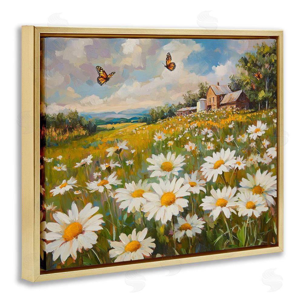 Petal Prints Design Butterfly Dream Daisy Field Gold Floating Frame Canvas Wall Art Print