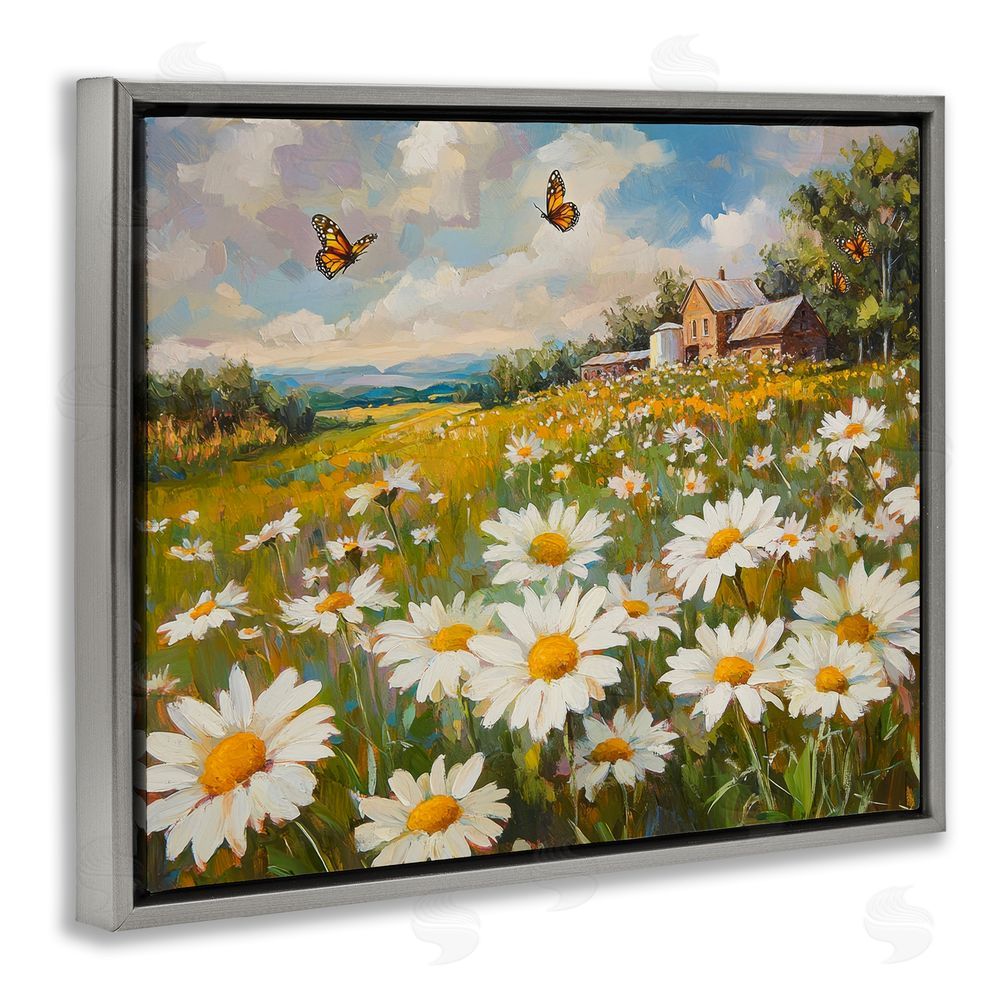 Petal Prints Design Butterfly Dream Daisy Field Gray Floating Frame Canvas Wall Art Print
