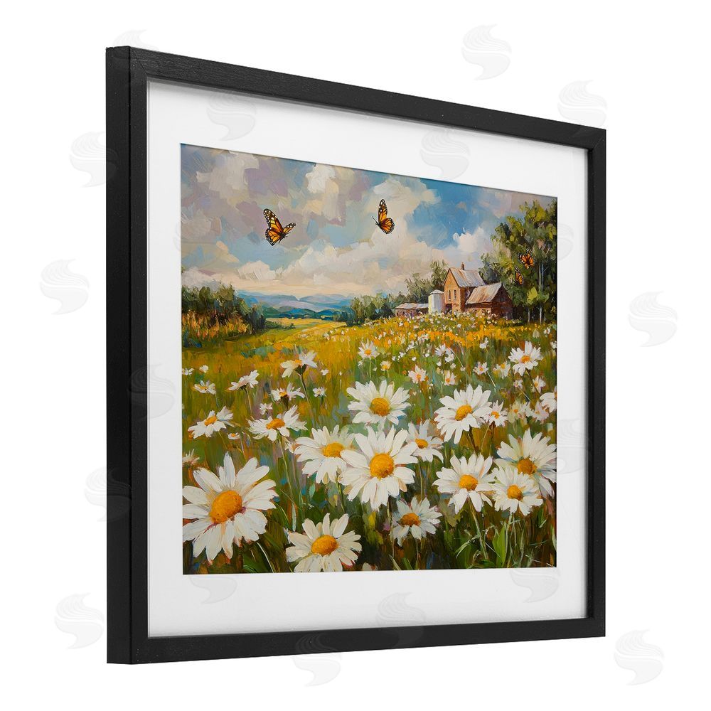 Petal Prints Design Butterfly Dream Daisy Field Black Framed Print Under Glass with White Mat Wall Art