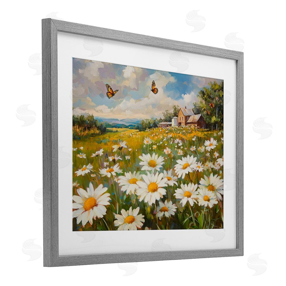 Petal Prints Design Butterfly Dream Daisy Field Gray Framed Print Under Glass with White Mat Wall Art