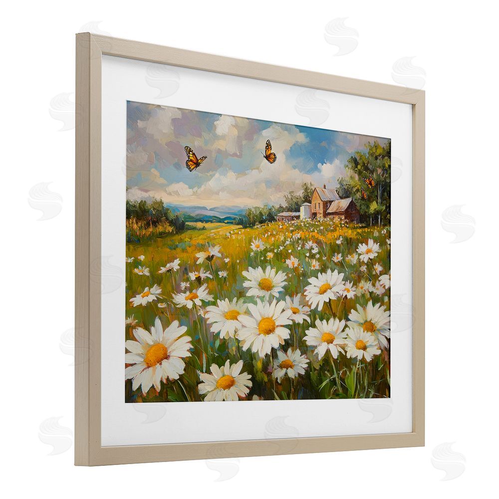 Petal Prints Design Butterfly Dream Daisy Field Birch Framed Print Under Glass with White Mat Wall Art