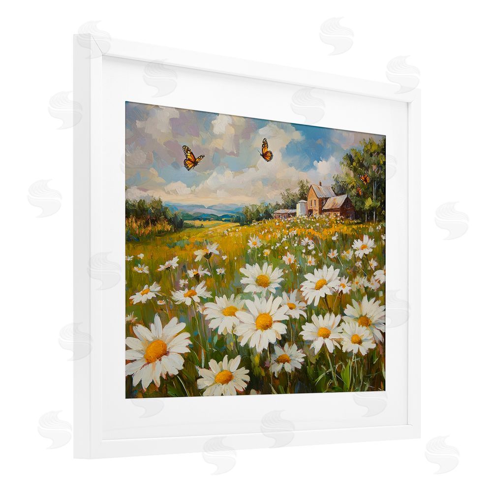 Petal Prints Design Butterfly Dream Daisy Field White Framed Print Under Glass with Mat Wall Art