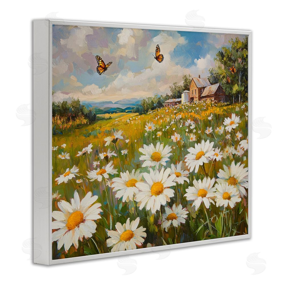 Petal Prints Design Butterfly Dream Daisy Field White Framed Giclee Wall Art Print
