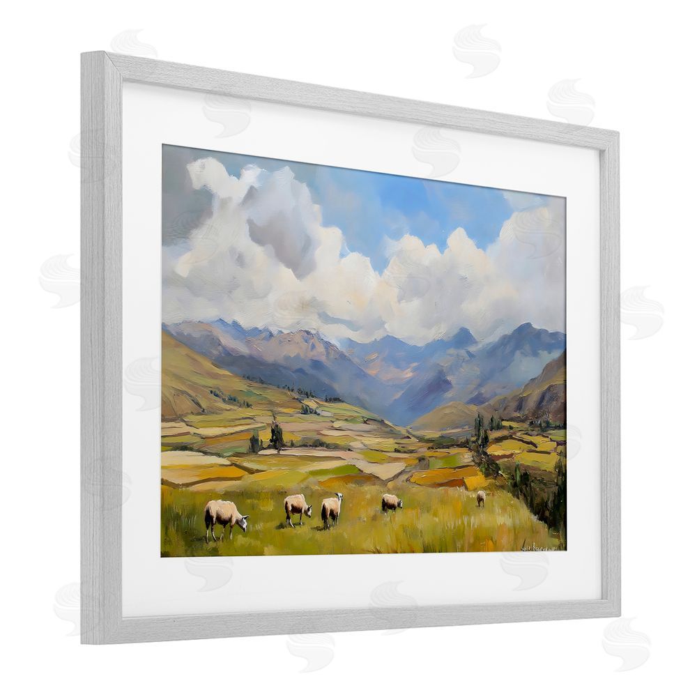 Franklyn Gregory Animals Grazing Farmland Gray Framed Print Under Glass with White Mat Wall Art