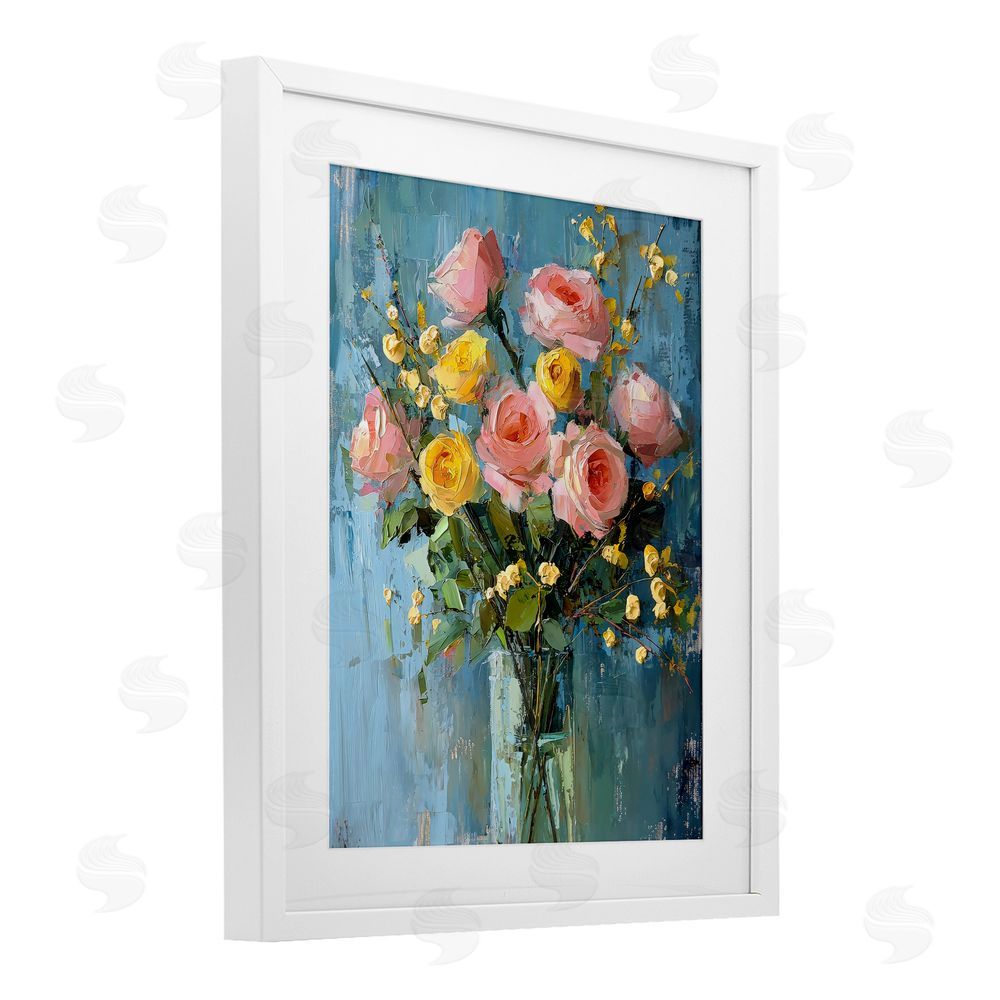 Creative Studio Pink And Yellow Rose Display White Framed Print Under Glass Art