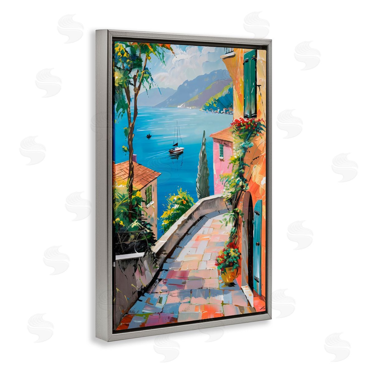 Creative Studio By The Sea Village Gray Floating Frame Canvas Art Print