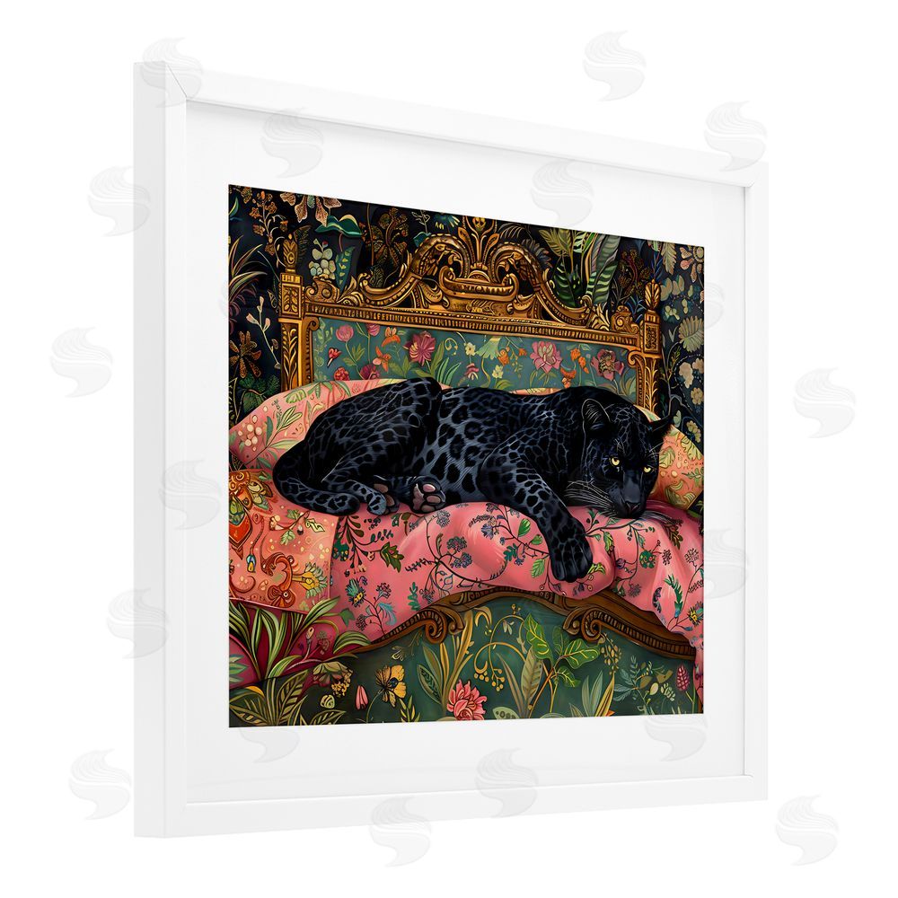 Creative Studio Leopard Lounge on Ornate Textiles White Framed Print Under Glass Art