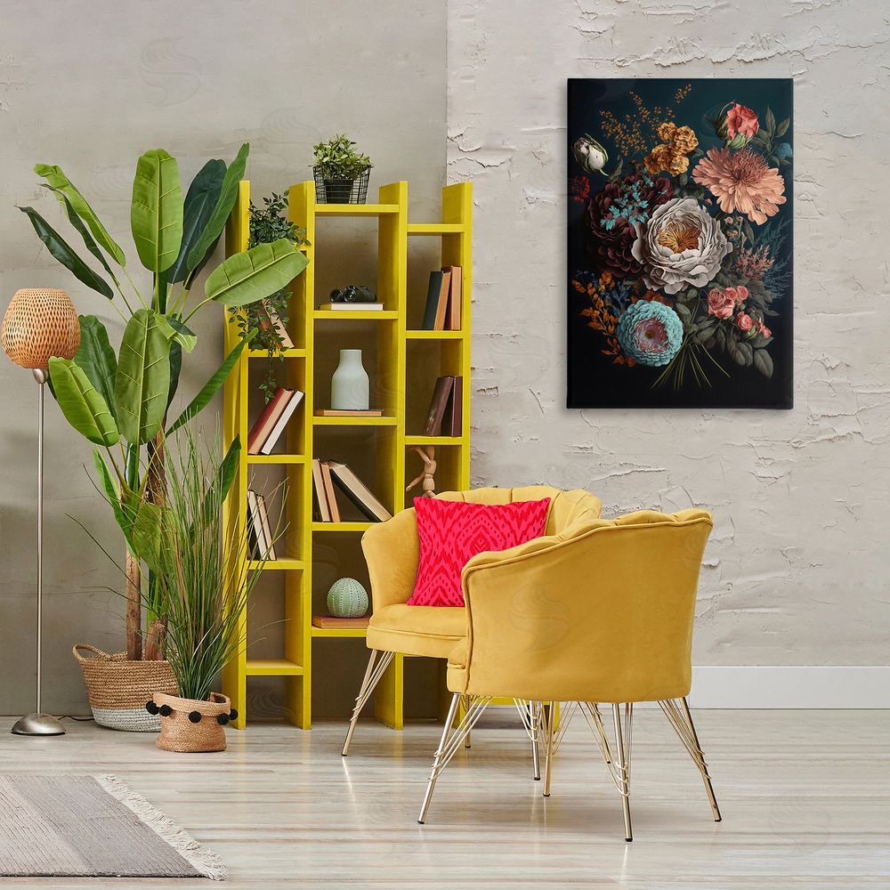Creative Studio Realistic Colorful Floral on Black Printed Wall Art in Room